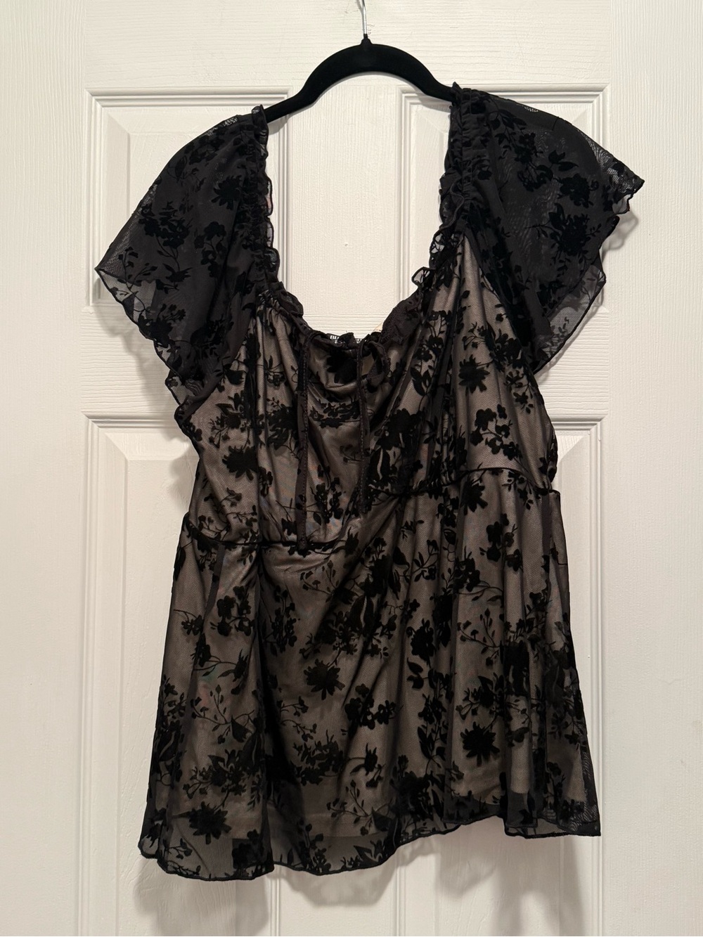 BloomChic Black Sheer Floral Chemise with Flutter Sleeves